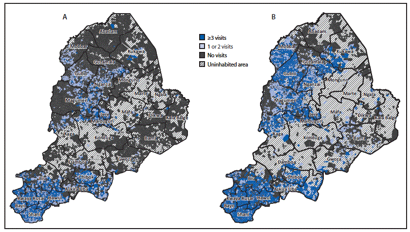 The figure consists of two maps of Borno State, Nigeria, showing inhabited settlements reached with bivalent oral poliovirus vaccine using standard house-to-house, Reaching Every Settlement, and Reaching Inaccessible Children approaches, by the number of cumulative vaccination visits reaching children aged <5 years old. The first map shows settlements reached during August–December 2016 and the second during August 2016–May 2019.
