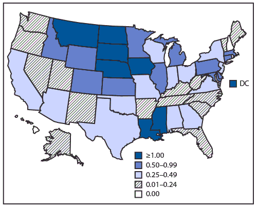 The figure is a map showing the incidence of reported cases of West Nile virus neuroinvasive disease in the United States during 2018.