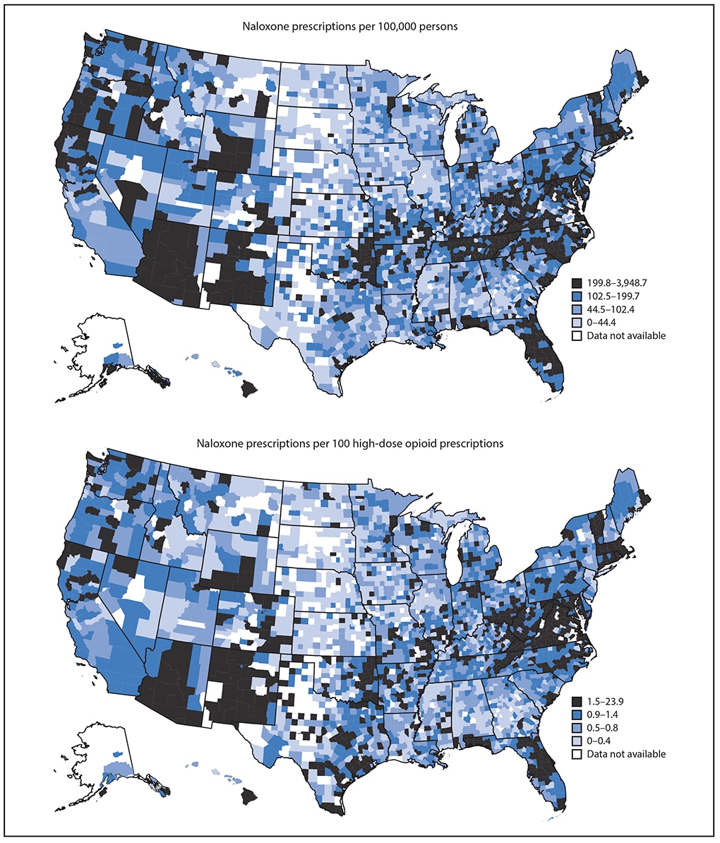 The figure consists of two maps of the United States, the first showing naloxone prescriptions per 100,000 persons, by county, and the second showing naloxone prescriptions per 100 high-dose opioid prescriptions, by county, during 2018.