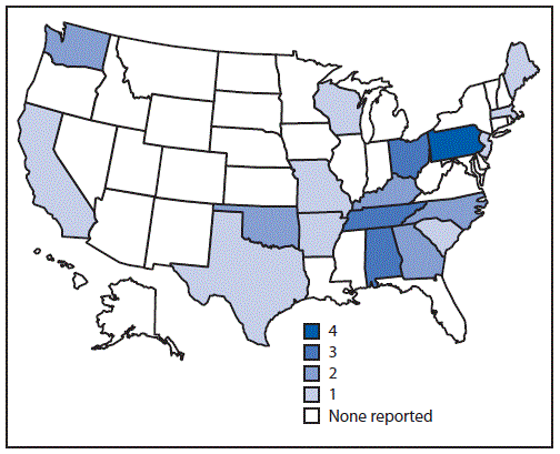 The figure is a map of the United States showing states and their respective number of reported drinking water–associated hepatitis A outbreaks (N = 32) during 1971–2017, according to the Waterborne Disease and Outbreak Surveillance System.