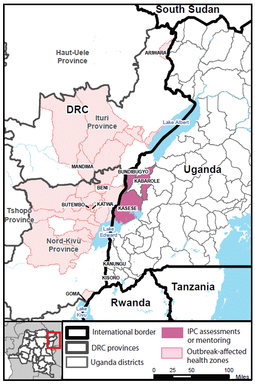 The figure is a map showing the location of Ebola virus disease outbreaks and frontline health care facilities conducting baseline infection prevention and control assessments at the Democratic Republic of the Congo–Uganda border region in 2018.