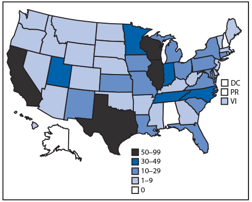 The figure is a U.S. map showing the number of cases of lung injury associated with e-cigarette use, or vaping, in each of the 50 states and two territories in 2019.