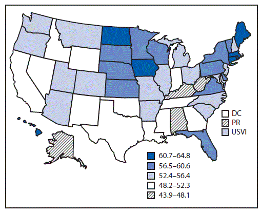 The figure is a map that shows the percentage of Medicare Part B fee-for-service beneficiaries with diabetes who had an eye exam, by state, in the United States during 2017.