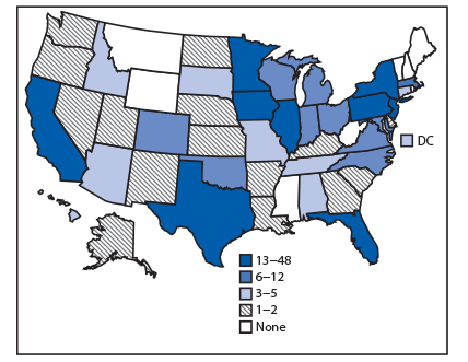 The figure is a map of the United States showing the number of U.S. persons (N = 356) infected with the outbreak strain of Salmonella Reading, by state during November 2017–March 2019.