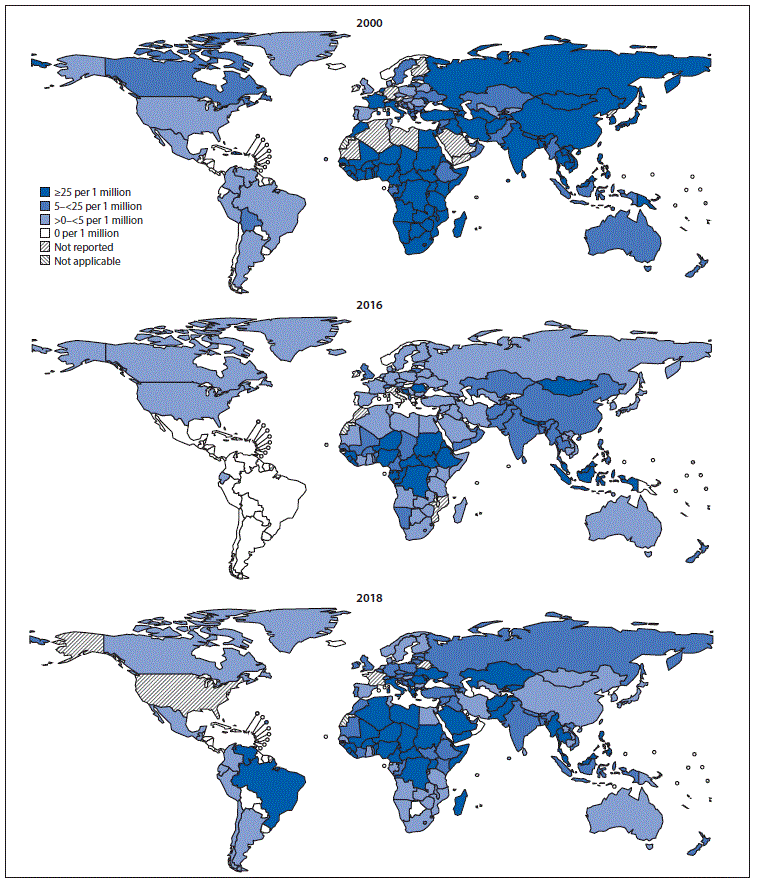 The figure consists of three world maps showing reported measles incidence per 1 million population, by country, in the years 2000, 2016, and 2018.
