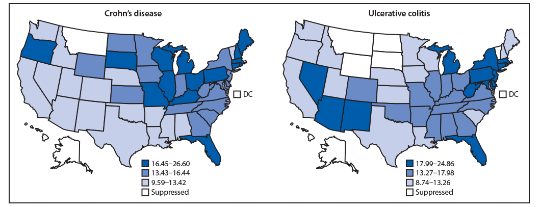 The figure consists of two U.S. maps showing the age-adjusted hospitalization rates for Crohn’s disease or ulcerative colitis as the principal diagnosis among Medicare fee-for-service beneficiaries in 2017, by state.