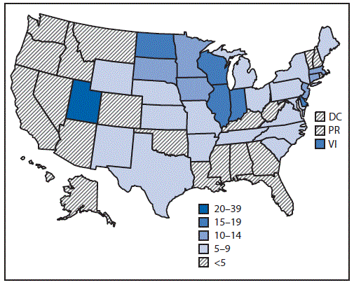 The figure is a U.S. map, showing the prevalence (cases per 1 million) of hospitalized or deceased cases of e-cigarette, or vaping, product use–associated lung injury during August–December 2019.