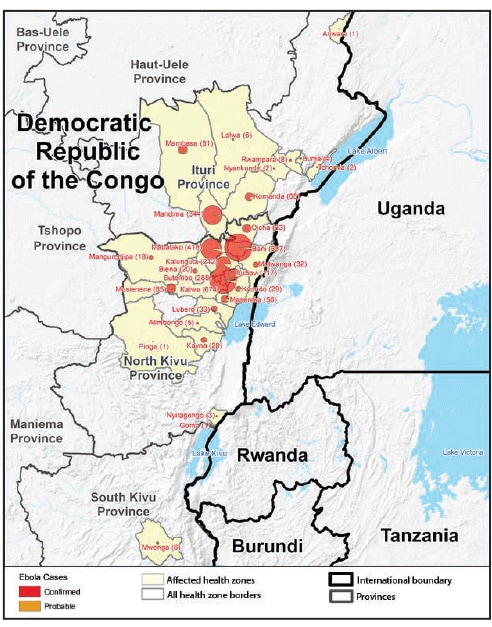 The figure is a map of the North Kivu, South Kivu, and Ituri provinces in the Democratic Republic of the Congo, showing the geographic distribution of confirmed and probable cases of Ebola virus disease by health zones during April 30, 2018–November 17, 2019.