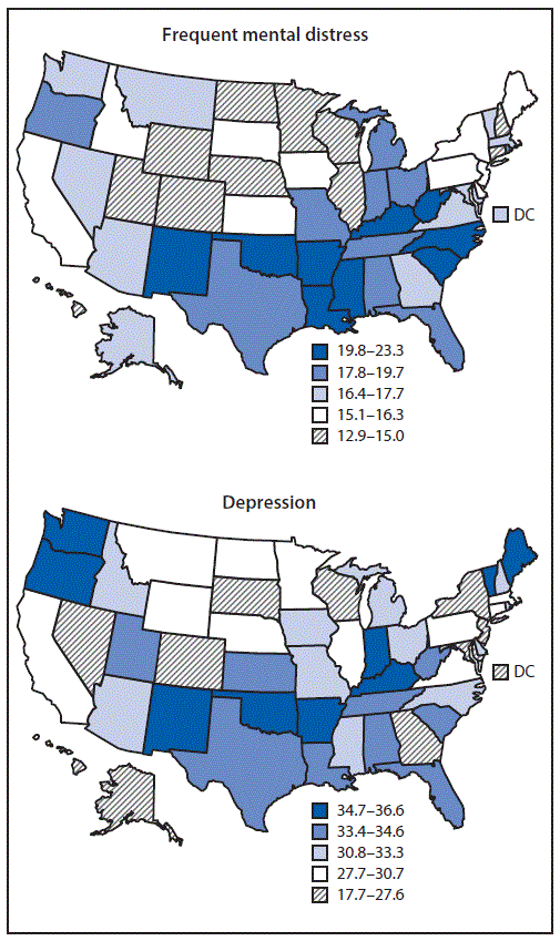 The figure is a map showing the age-adjusted prevalence of frequent mental distress and history of depression among adults aged ≥18 years with arthritis, using data from the Behavioral Risk Factor Surveillance System, during 2017.