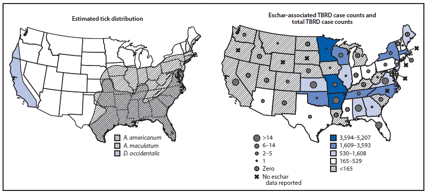 The figure consists of two maps, one showing the estimated geographic range of Amblyomma americanum, Amblyomma maculate, and Dermacentor occidentalis, and the other showing the number of eschar-associated illnesses, compared with total reported tickborne rickettsial diseases in the United States during 2010–2016.