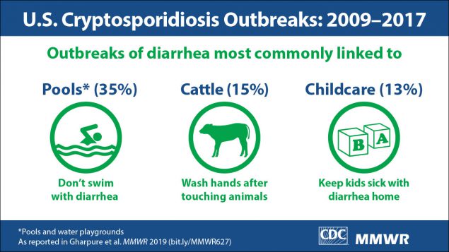 The infographic shows the most common links to Cryptosporidium outbreaks: pools, cattle, and child care settings.