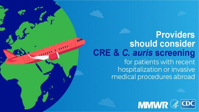The figure urges providers to consider screening patients who were recently hospitalized abroad for CRE %26 C. auris.
