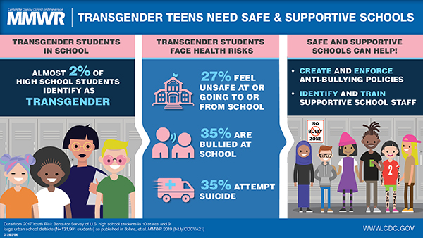 The figure is a visual abstract that discusses the need for safe and supportive schools for transgender youths. Schools that identify and train supportive school staff members and create and enforce anti-bullying policies can help. 