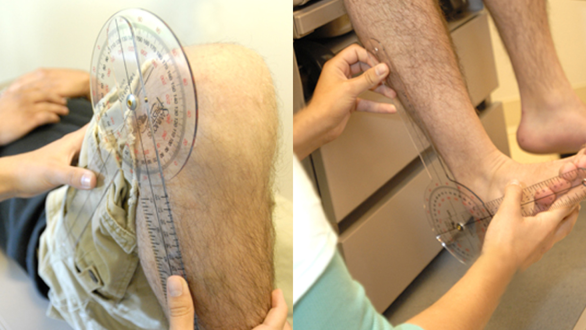 The figure is a photo of a man getting his joints examined by a health care provider.
