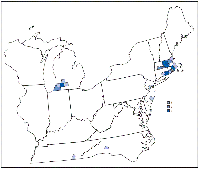 The figure is a map of the eastern United States showing the location, by county of residence, of the 34 cases of reported Eastern equine encephalitis virus disease in 2019.
