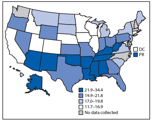 The figure is a map of the United States showing the adjusted percentage of informal, unpaid caregivers reporting fair or poor health during 2015–2017, by state, based on data from the Behavioral Risk Factor Surveillance System. 