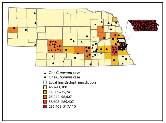 The figure is a map of Nebraska indicating the distribution of Cryptosporidium parvum and Cryptosporidium hominis cases, by county, during September 2015–December 2017.