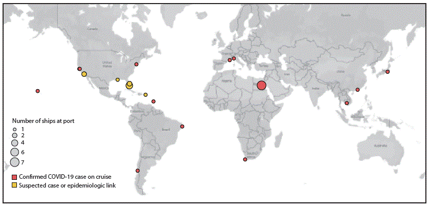 The figure is a map that shows cruise ships with COVID-19 cases requiring public health responses worldwide during January–March 2020.