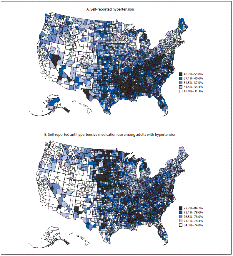 The figure consists of two maps of the United States, one showing prevalence of self-reported hypertension and the other showing prevalence of self-reported antihypertensive medication use among adults aged ≥18 years, by county, in 2017 according to the Behavioral Risk Factor Surveillance System.