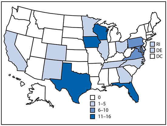 The figure is a map of the United States showing the number of confirmed COVID-19 cases (N = 101) linked to nine Nile River cruises held during February 11–March 5, 2020, by the patients’ 18 states of residence. 
