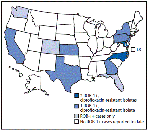 The figure is a U.S. map, showing the states reporting identification of 33 antimicrobial-resistant Neisseria meningitidis isolates during 2013–2020. 