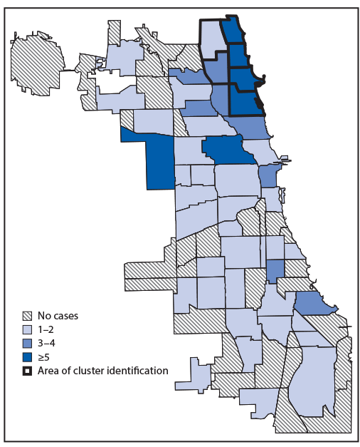 The figure is a map showing the number of mumps cases among adults aged ≥18 years (N = 110), by community area, in Chicago, Illinois, during January– December 2018.