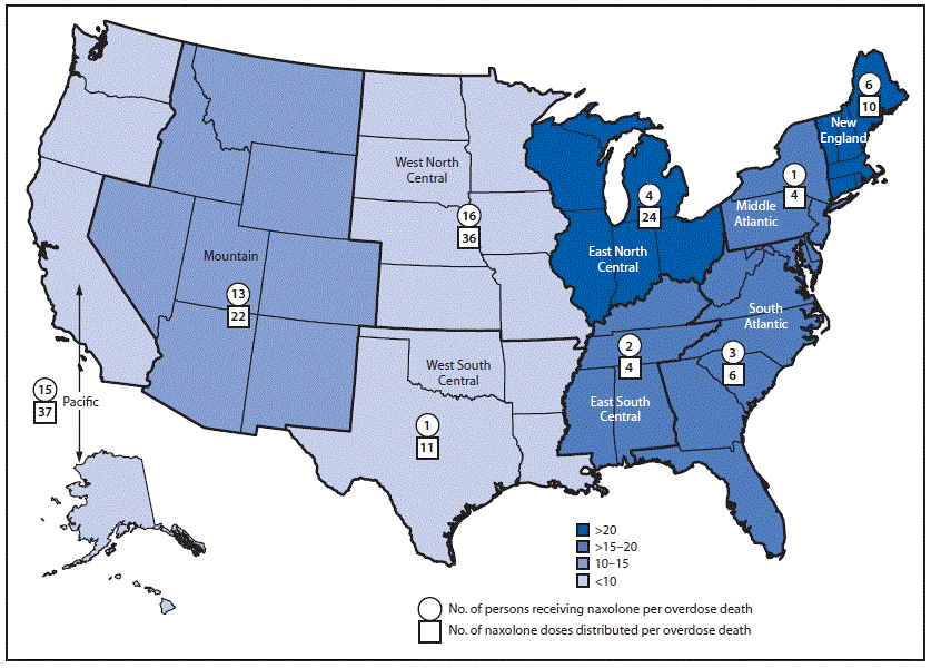 The figure is a map of the United States showing the number of new and cumulative overdose education and naloxone distribution implementations within syringe service programs throughout the United States in 2019.