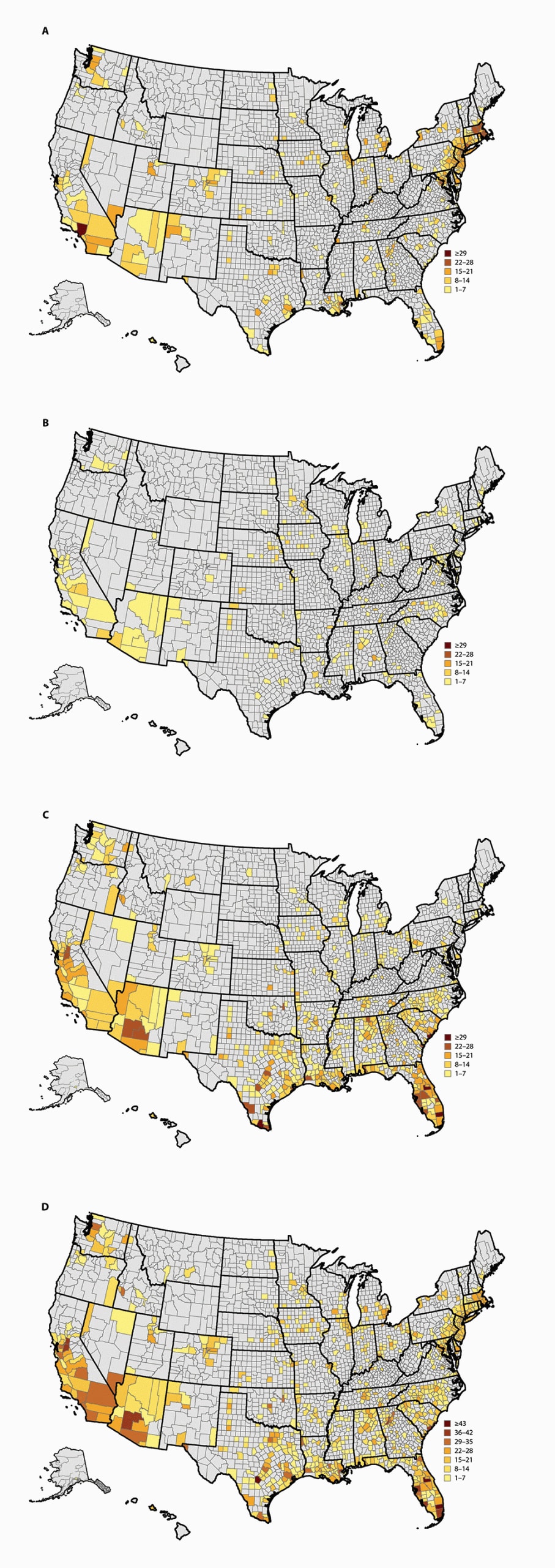 The figure is a series of four maps showing the number of COVID-19 hotspot alerts, by county and number of days meeting hotspot criteria for (A) March 8–April 30, (B) May 1–31, (C) June 1–July 15, and (D) entire period, in the United States, during March 8–July 15, 2020.