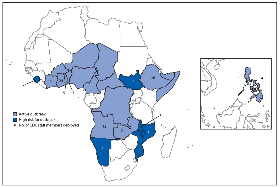 The figure is a map showing the circulating vaccine-derived poliovirus type 2 outbreak status and number of CDC polio surge staff members deployed in 13 countries during September 2019–March 2020.