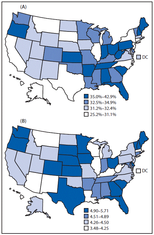 The figure consists of two maps of the United States showing A) the age-adjusted prevalence of frequent mental distress among adults with disabilities and B) prevalence ratios of frequent mental distress between adults with and without disabilities in 2018, by geographic area, based on data from the Behavioral Risk Factor Surveillance System.