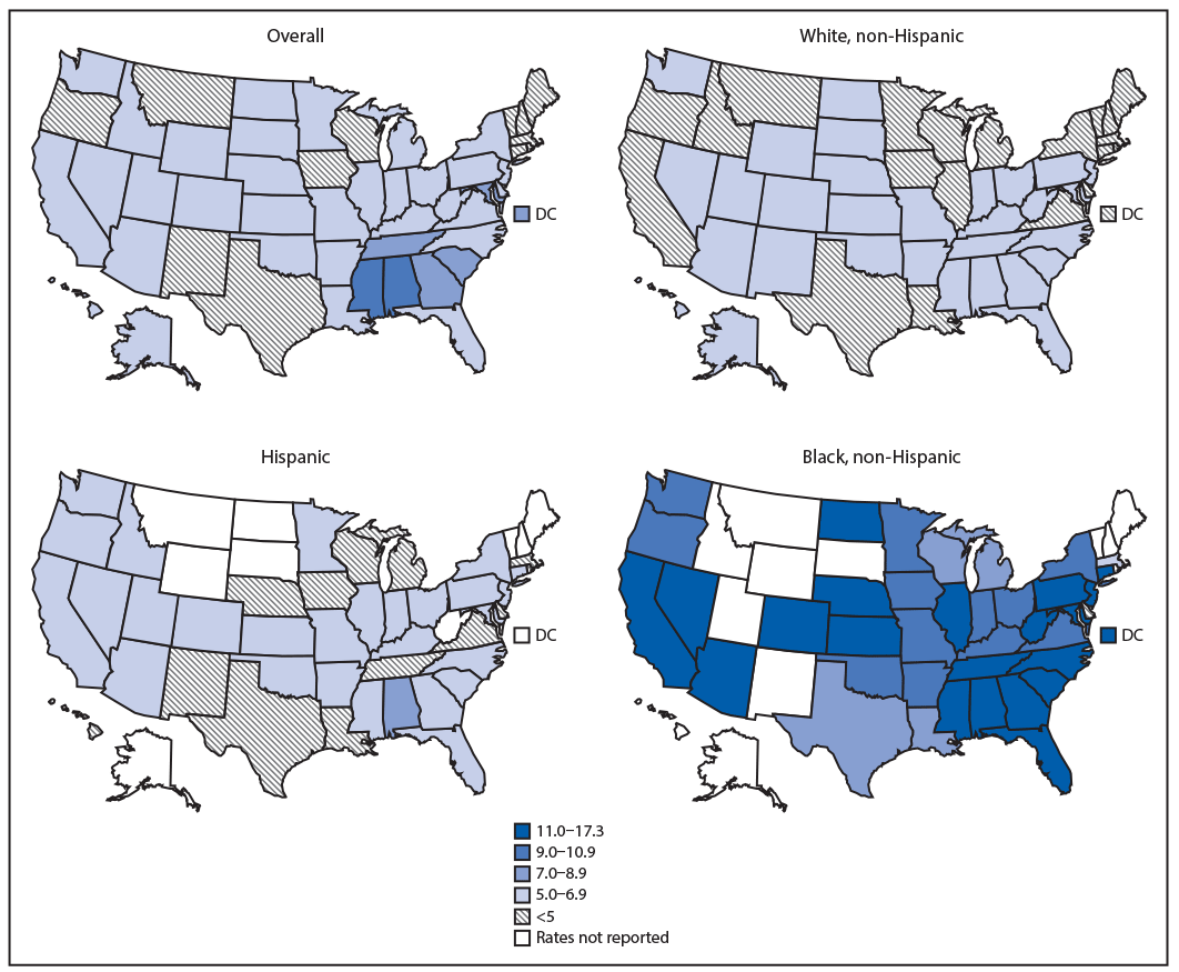 The figure is a series of four maps of the United States showing fetal mortality rate per 1,000 births and fetal deaths, by state, in the United States during 2015–2017.