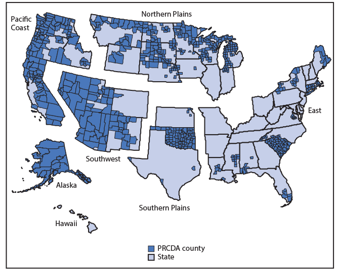 The figure is a U.S. map divided into six regions in which counties designated as Purchase/Referred Care Delivery Areas by the Indian Health Service during 2013–2017 are identified by shading.