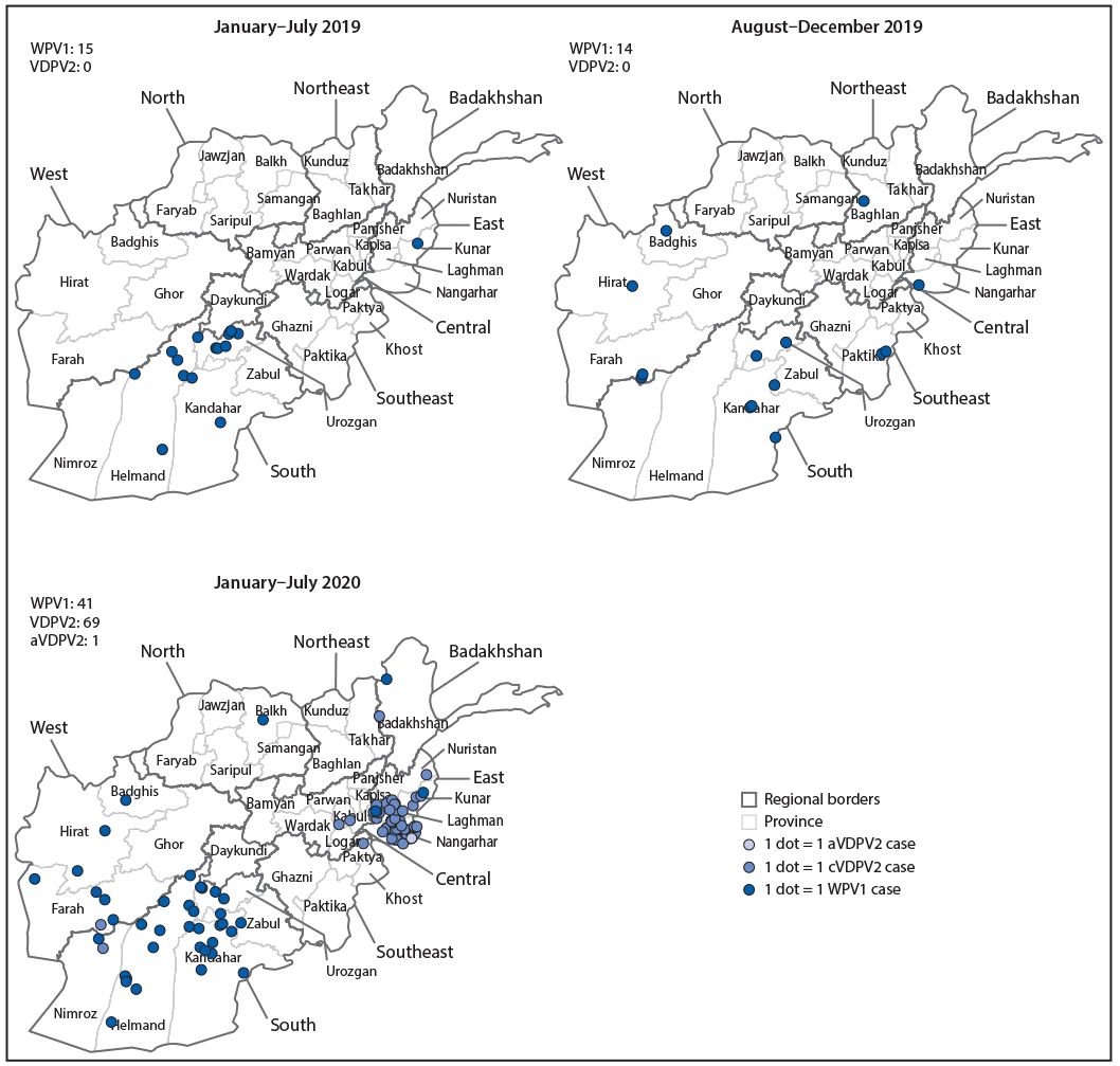 The figure is a map showing cases of wild poliovirus type 1 (WPV1) and vaccine derived poliovirus type 2 (VDPV2), by providence, in Afghanistan, during January 2019–July 2020.