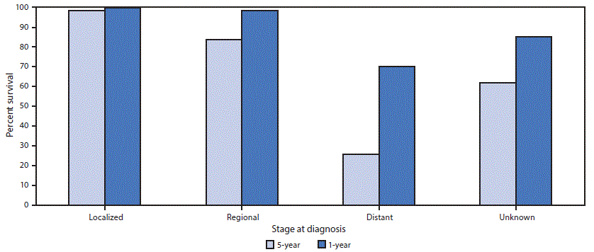 The figure is a bar graph showing male breast cancer relative 1-year and 5-year survival, by stage at diagnosis, in the United States, during 2007–2016.