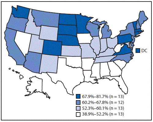The figure is a map of the United States showing estimated vaccination coverage with ≥2 doses of influenza vaccine by age 24 months, among children born in the United States during 2016–2017 according to the National Immunization Survey-Child.