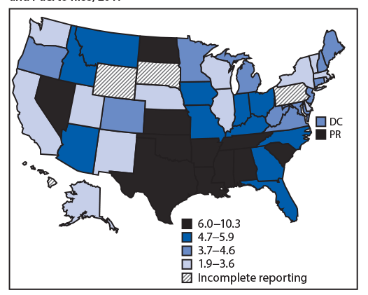 The figure is a map showing the age-adjusted rate of human immunodeficiency virus (HIV)–related deaths among persons aged ≥13 years with diagnosed HIV infection, by area of residence at time of death, in the United States and Puerto Rico, during 2017.