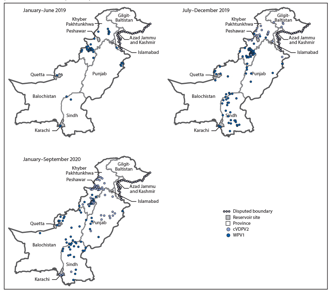 The figure is a series of three maps showing the location of cases of wild poliovirus type 1 and circulating vaccine-derived poliovirus type 2, by province and period in Pakistan during January 2019–September 2020.