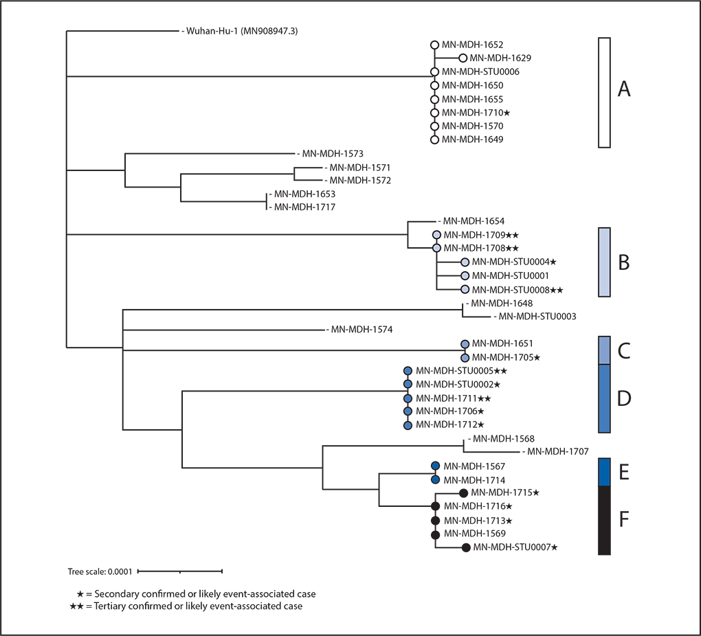 The figure is a phylogenetic tree showing genetic distance between available SARS-CoV-2 virus specimens collected from 38 Minnesota residents who attended a South Dakota motorcycle rally and their contacts in August 2020.