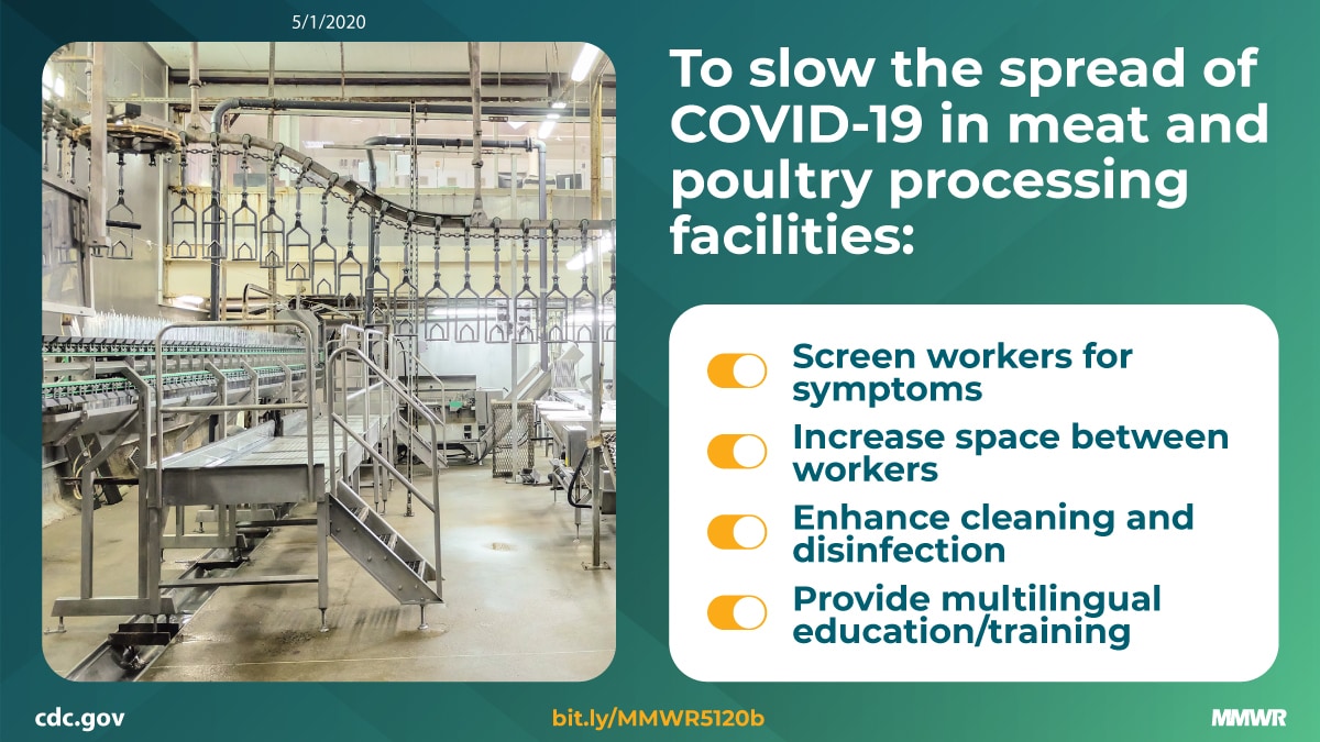 The figure is a photo of a meatpacking facility with text about ways to slow the spread of coronavirus disease 2019 in meat and poultry processing facilities.