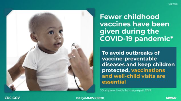 The figure is a photo of an infant receiving a checkup with text about the importance of childhood vaccination during the COVID-19 pandemic.