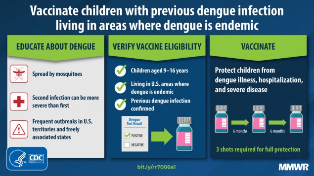 The figure is a graphic recommending vaccinating children with previous dengue infection living in areas where dengue is endemic.