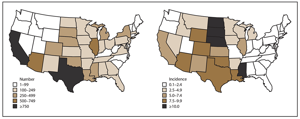 The figure presents a pair of U.S. maps displaying the total number and cumulative incidence of West Nile virus neuroinvasive disease cases by state of residence during 2009-2018.