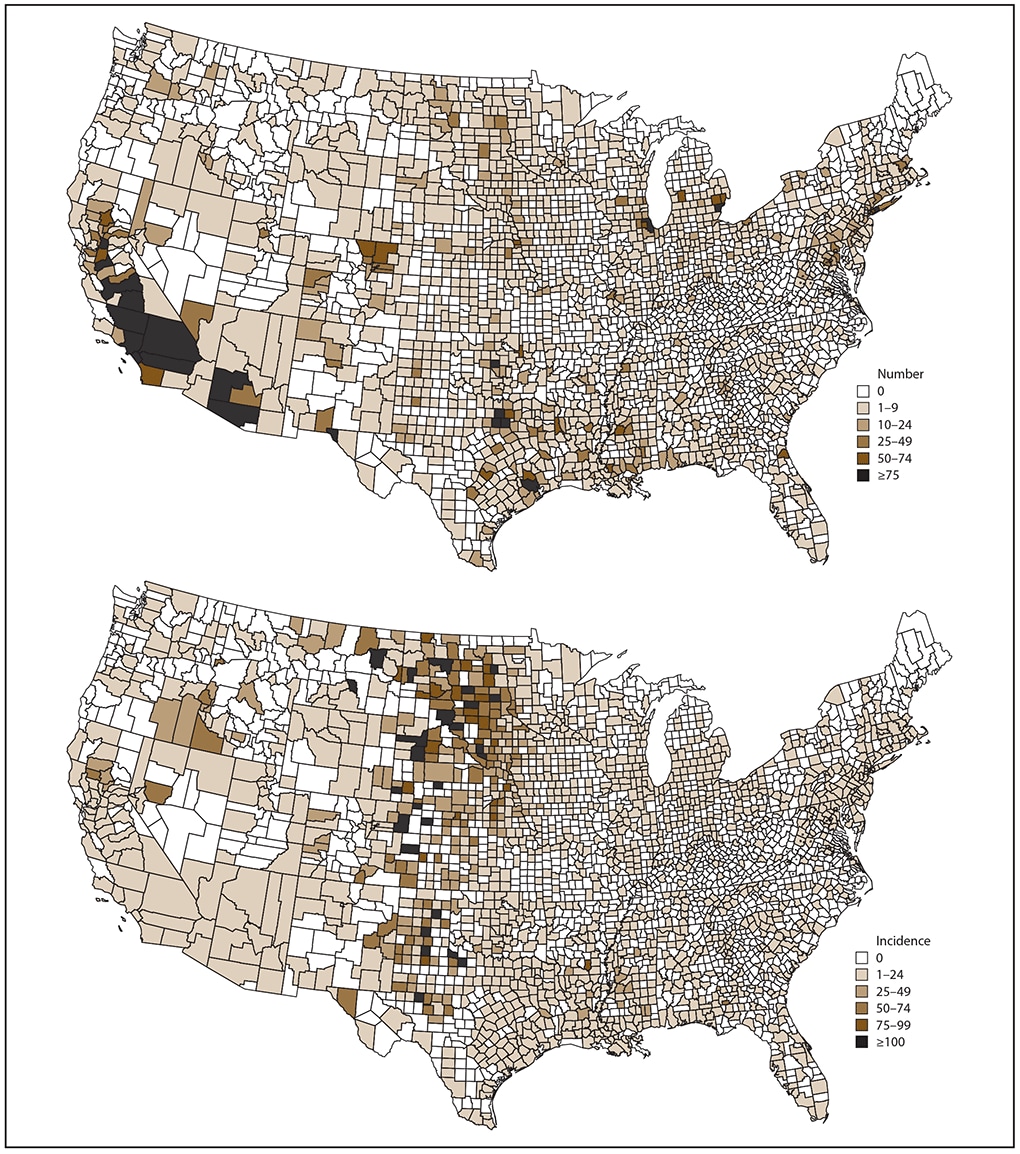 The figure presents a pair of U.S. maps displaying the total number and cumulative incidence of West Nile virus neuroinvasive disease cases by county of residence during 2009-2018.