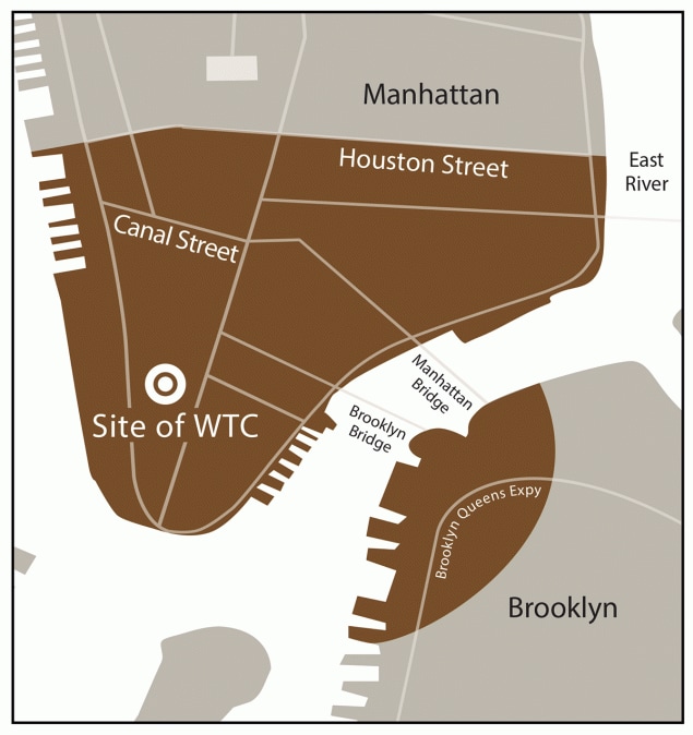 This figure is a map showing the New York City disaster area for the September 11, 2001, terrorist attacks.