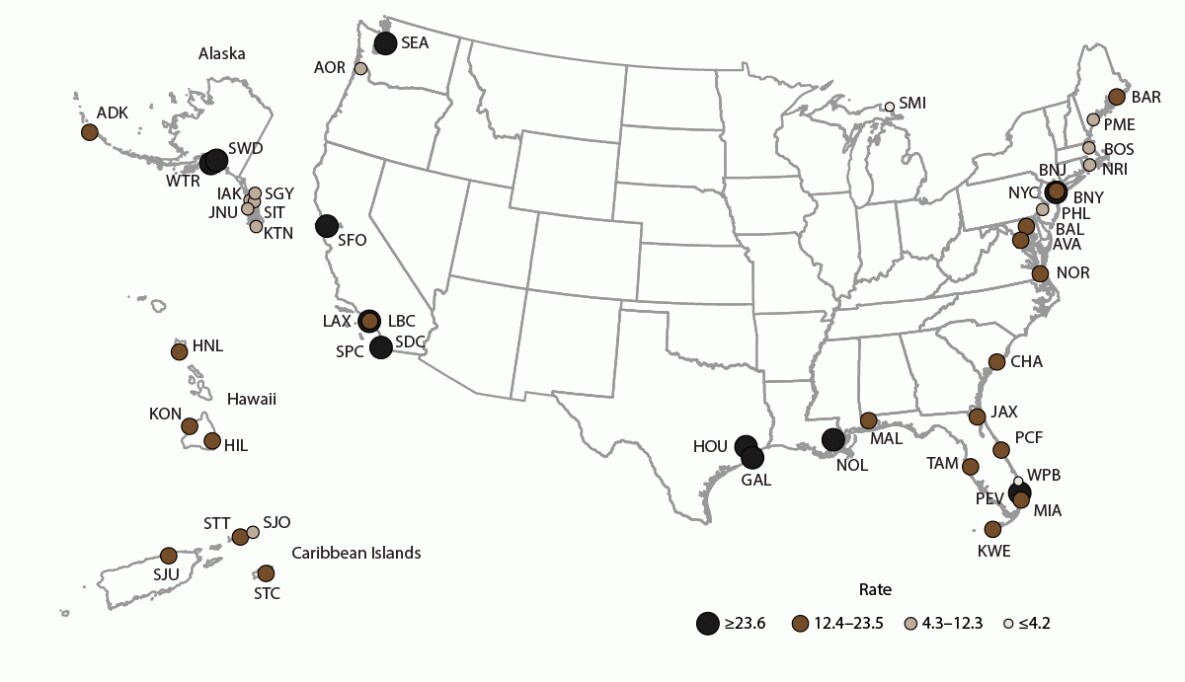 The figure is a U.S. map that presents the incidence rate of acute gastroenteritis reported by cruise ships anchored at ports in the United States and the Caribbean Islands during 2006-2019.