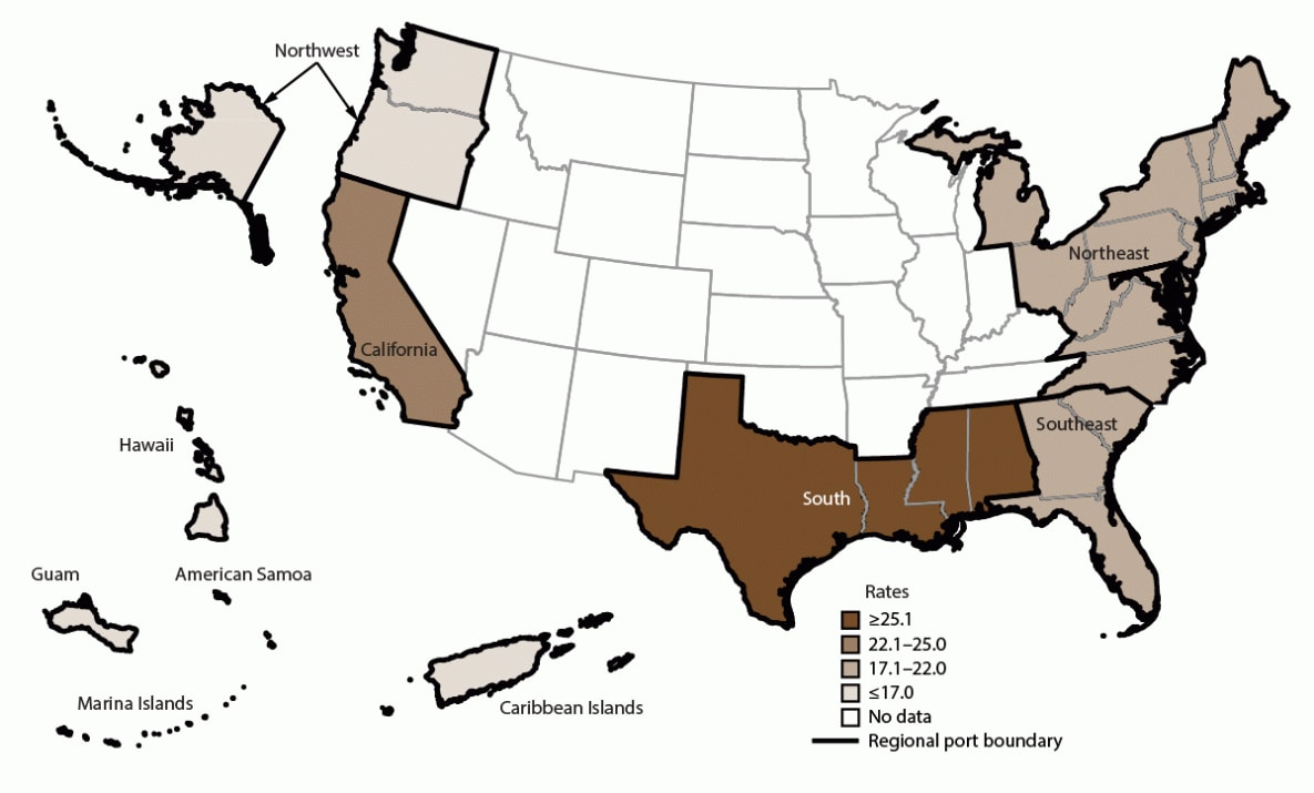 The figure is a U.S. map that presents the incidence rate of acute gastroenteritis among cruise ship passengers by regional port locations including the Northeast, Southeast, South, Northwest, California, Hawaii (including Guam, American Samoa, and  Mariana Islands), and Caribbean Islands during 2006-2019.