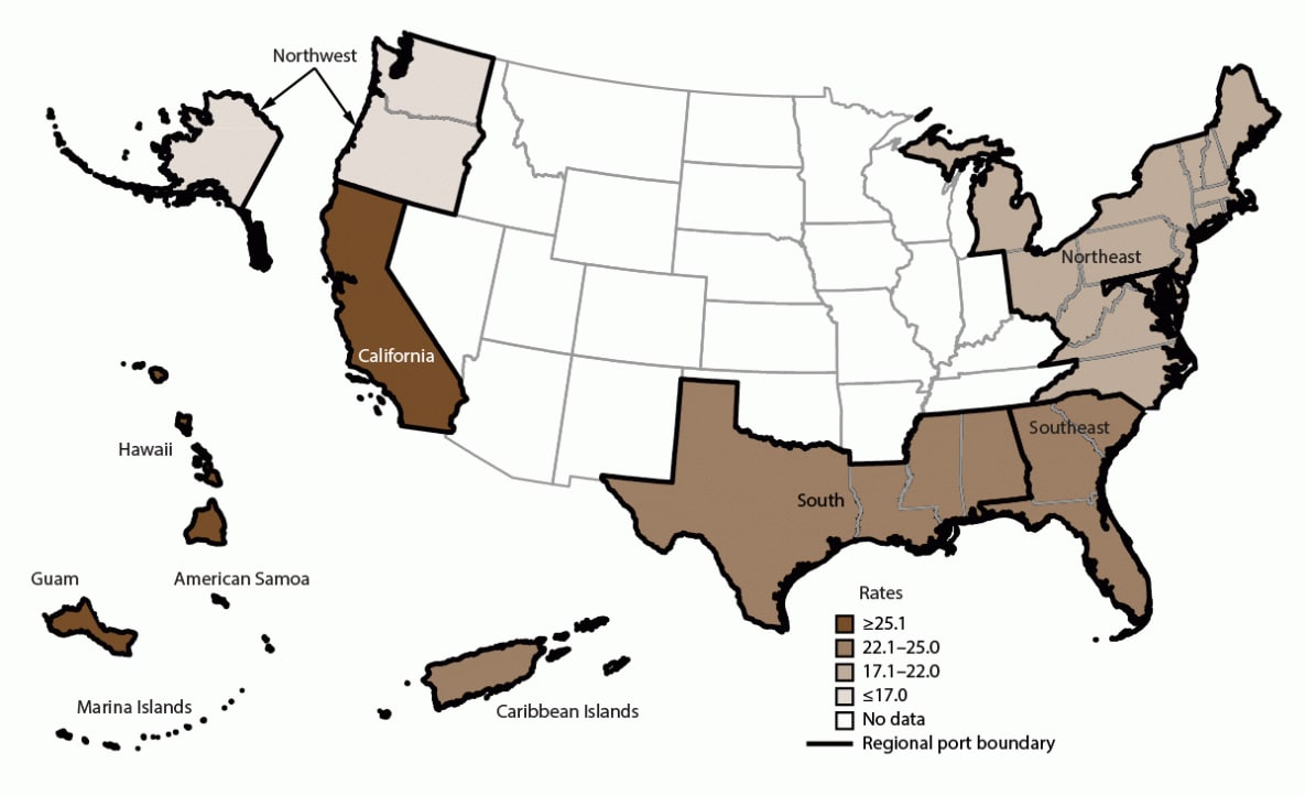 The figure is a U.S. map that presents the incidence rate of acute gastroenteritis among cruise ship crew by regional port locations including the Northeast, Southeast, South, Northwest, California, Hawaii (including Guam, American Samoa, and  Mariana Islands), and Caribbean Islands during 2006-2019.