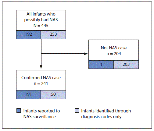 The figure is a flowchart showing the identification of infants with confirmed neonatal abstinence syndrome (NAS) through medical record review of those reported to NAS surveillance and those identified by diagnosis codes at selected hospitals in Pennsylvania during 2018.