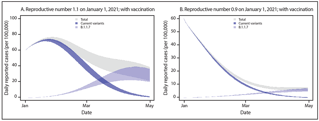The figure is a histogram, an epidemiologic curve, showing simulated case incidence trajectories of current SARS-CoV-2 variants and the B.1.1.7 variant, assuming community vaccination and initial Rt = 1.1 (A) or initial Rt = 0.9 (B) for current variants, in the United States, during January 2021.