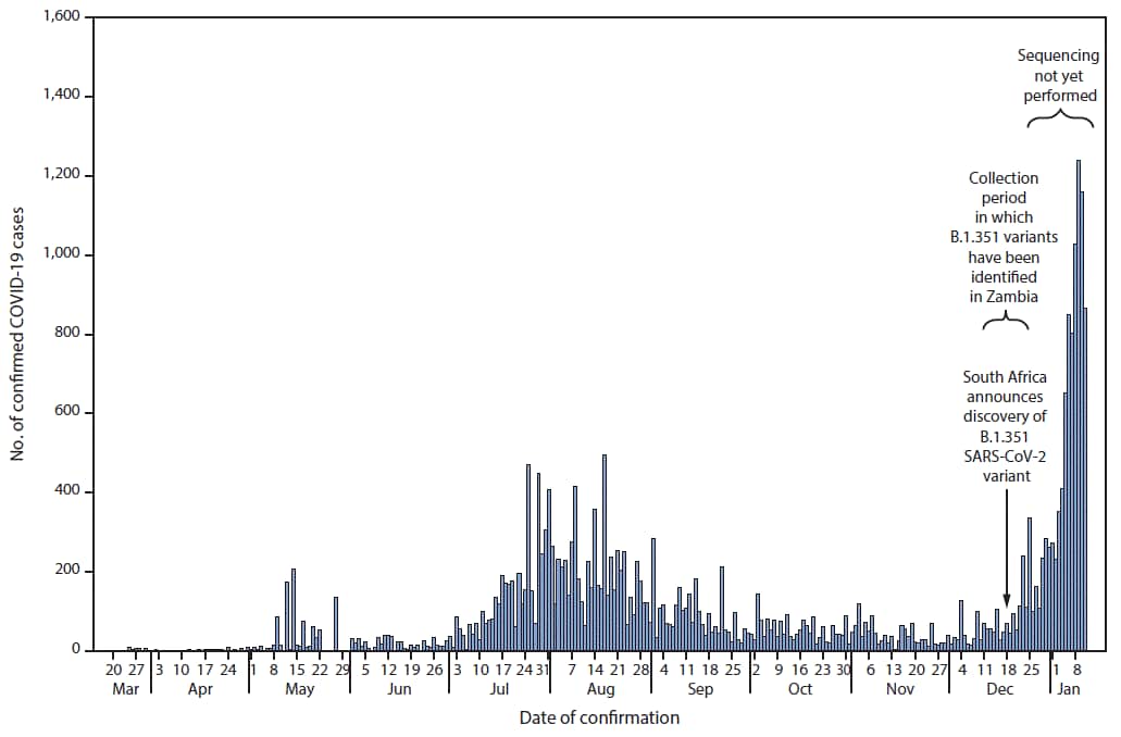 The figure is a histogram, an epidemiologic curve showing reported laboratory-confirmed COVID-19 cases, by date of confirmation, in Zambia, during March 20, 2020–January 11, 2021.